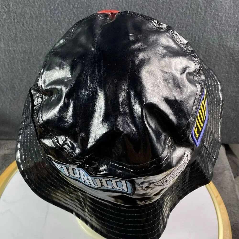 Fiorucci Black Vinyl Bucket Hat Multi Patch Angels Safety Jeans 90s Style Y2K